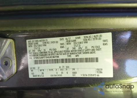 2017 Ford Escape S из США, поврежденный, VIN 1FMCU0F71HUE36796